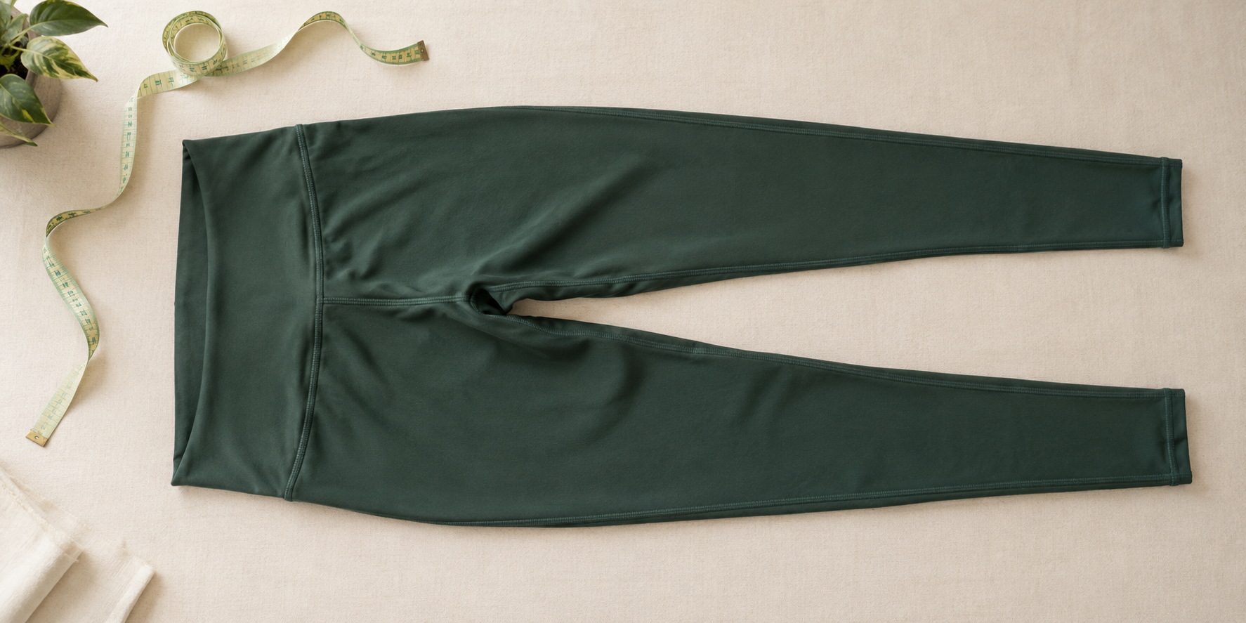 Legging verde disposta sobre uma superfície clara, com o cós e uma fita métrica em destaque